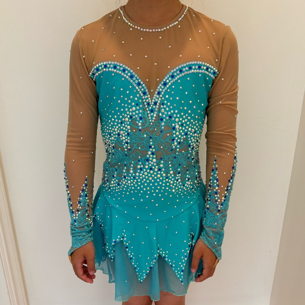 Figure Skating Costume Elegant Sparkly Lace Blue Embellished Dress